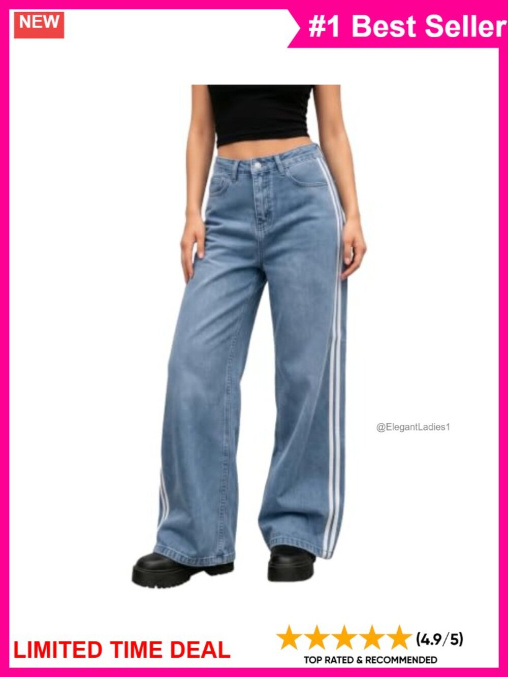 Women's Stretchy Baggy Wide Leg Jeans Elastic Waist Striped Pants